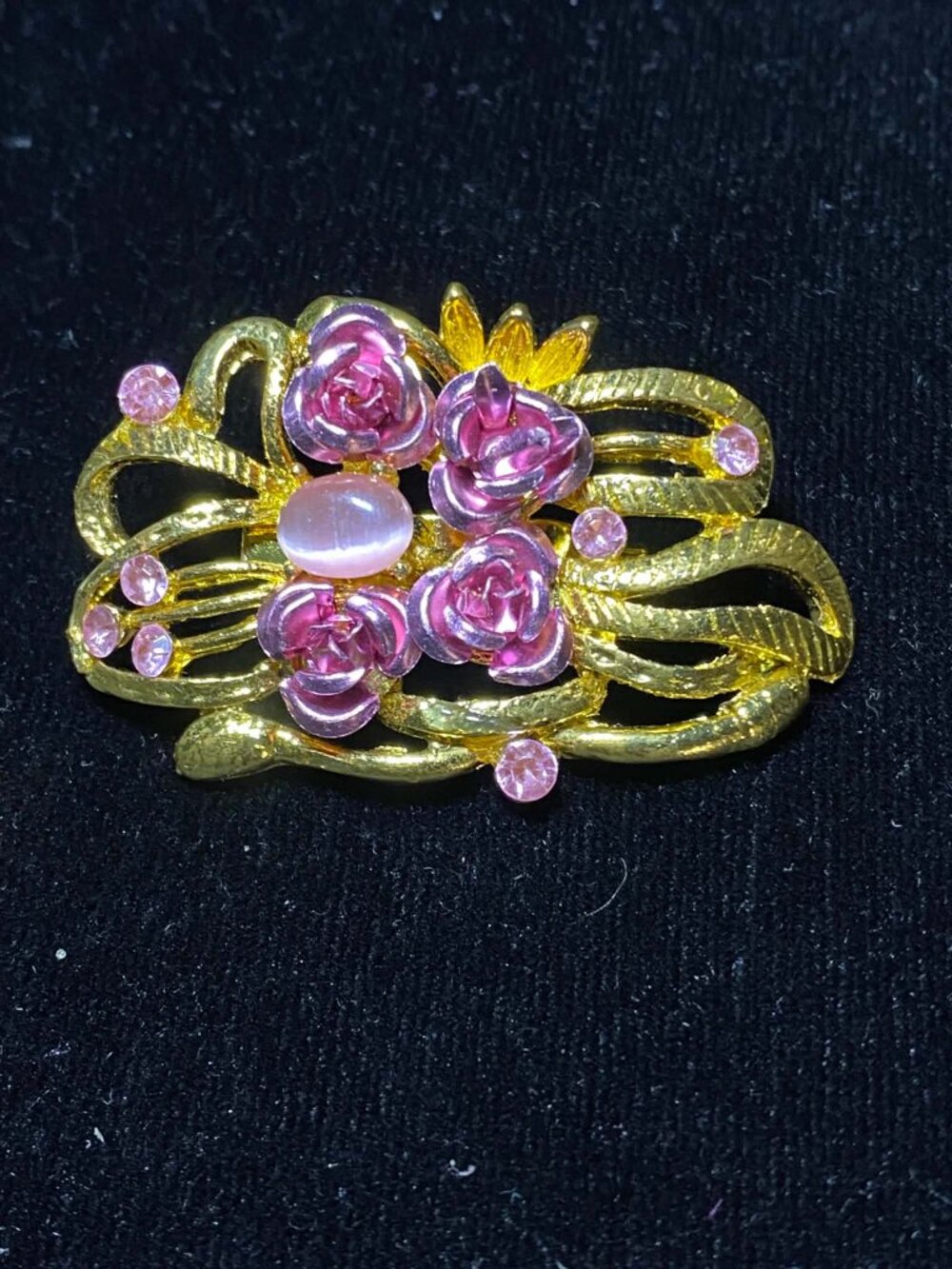 Vintage Floral Pink Rose Rhinestone Gold tone Brooch